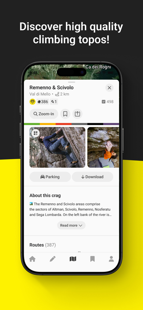 Mobile Oberfläche der 27 Crags App mit Kletter-Topos und Routendetails für Remenno