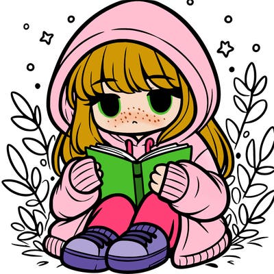 girl in oversized hoodie reading a book