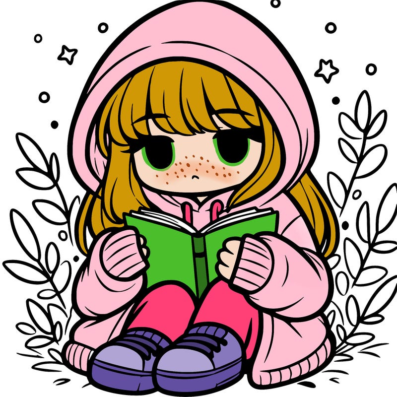 girl in oversized hoodie reading a book