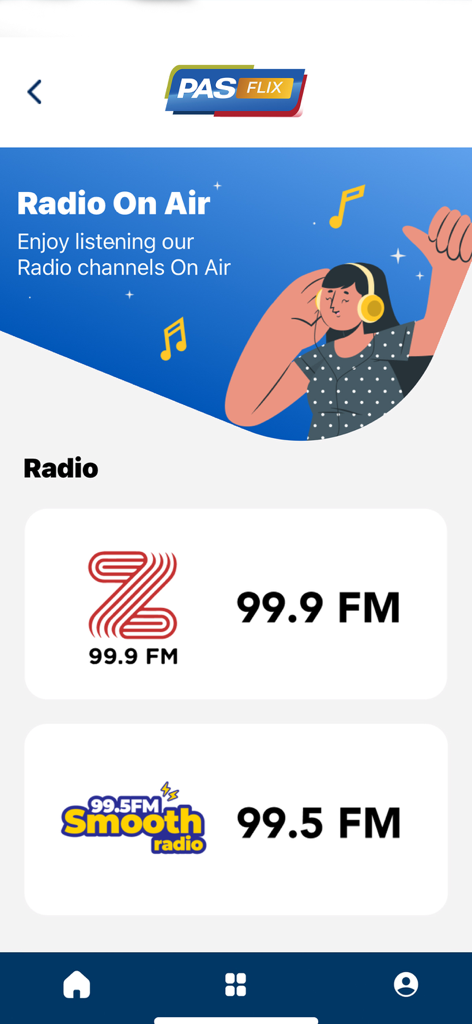 PASFLIX mobile app radio channel selection screen showing 99.9 FM and 99.5 FM Smooth Radio options.