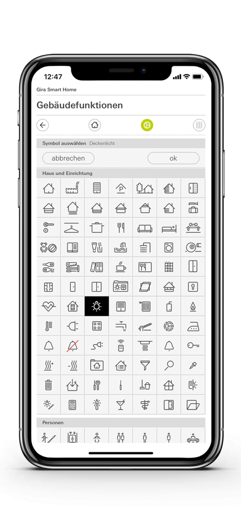 Gira Smart Home - Gira Smart Home app screen showing a grid of icons for different building automation functions