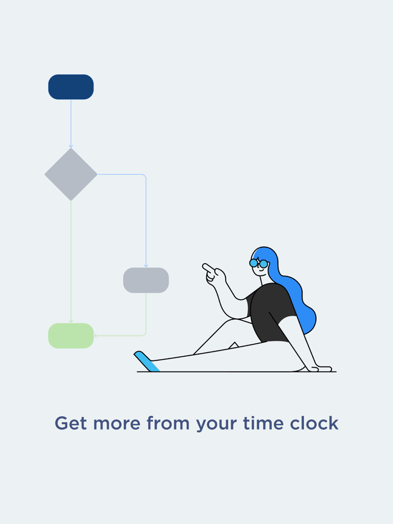 LIFELENZ TimeClock - Ilustração de uma mulher apontando para um fluxograma de negócios para eficiência do ponto eletrônico