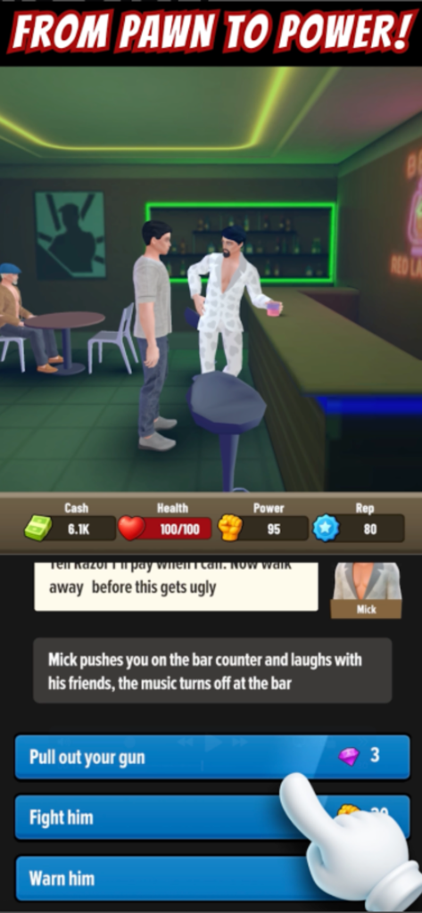 Pawn to Don Mafia Crime Story - Pawn to Don マフィアのバーでの対立シーン。プレイヤーの選択肢とゲームのステータスが表示されている。
