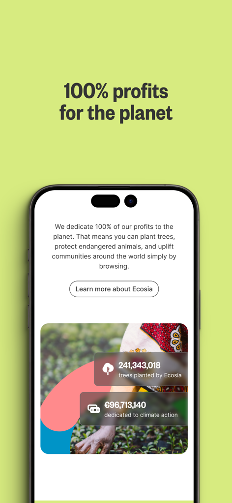 Ecosia App-Bildschirm mit Statistiken zur Baumpflanzung und dem Engagement für Klimaschutzgewinne