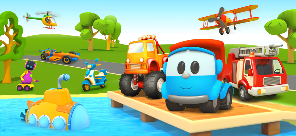 レオ・ザ・トラック、消防車、潜水艦を含むカラフルな3Dカートゥーンの乗り物グループが、明るい風景の中にあります。