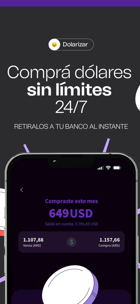 LB Finanzas: billetera virtual - Pantalla de la app móvil LB Finanzas promocionando compras ilimitadas de dólares estadounidenses 24/7 y retiros bancarios instantáneos
