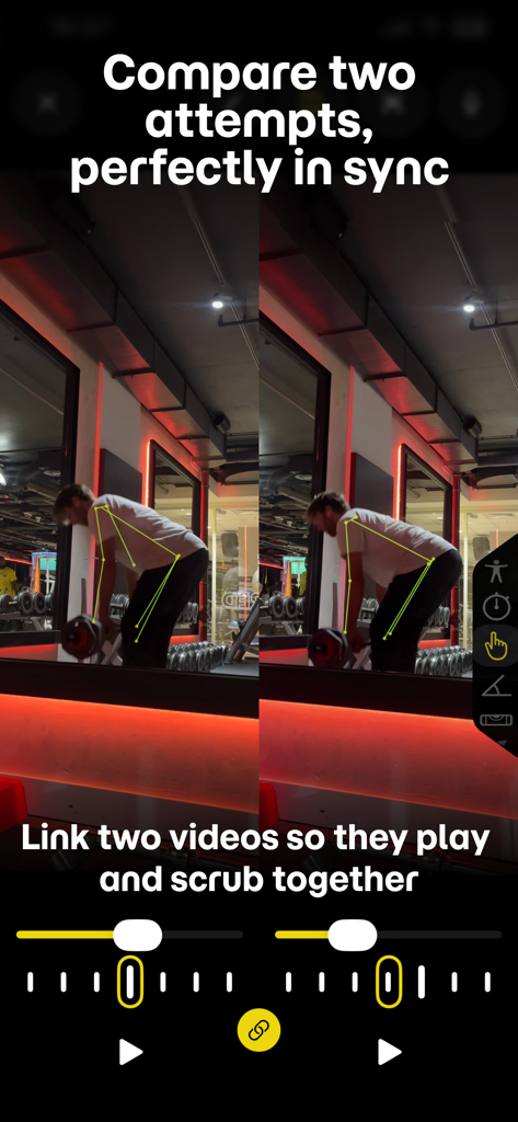 KineVision -  Video Coaching - Side by side video comparison of weightlifting technique with skeleton mode overlay for biomechanical analysis