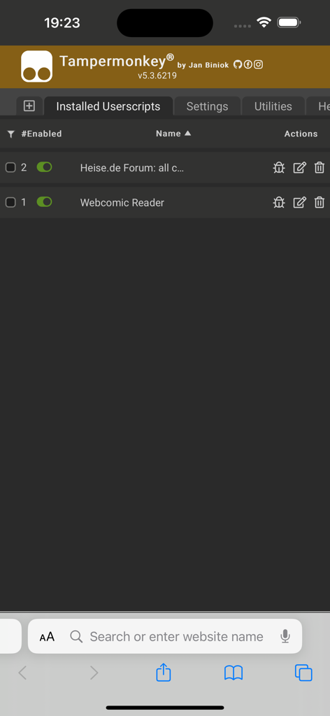 Tampermonkey - A list of installed userscripts within the Tampermonkey iOS app interface.