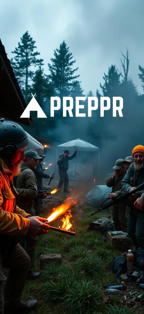 Preppr: Learn, Stock, Survive - A group of people training in a survival camp setting with the Preppr app logo