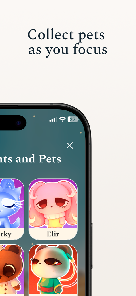Petimer: Pomodoro & Study Pets - A gallery of cute collectible study pets within the Petimer app interface