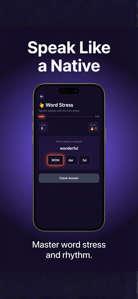Roast My Accent app screen demonstrating word stress exercises for pronunciation mastery