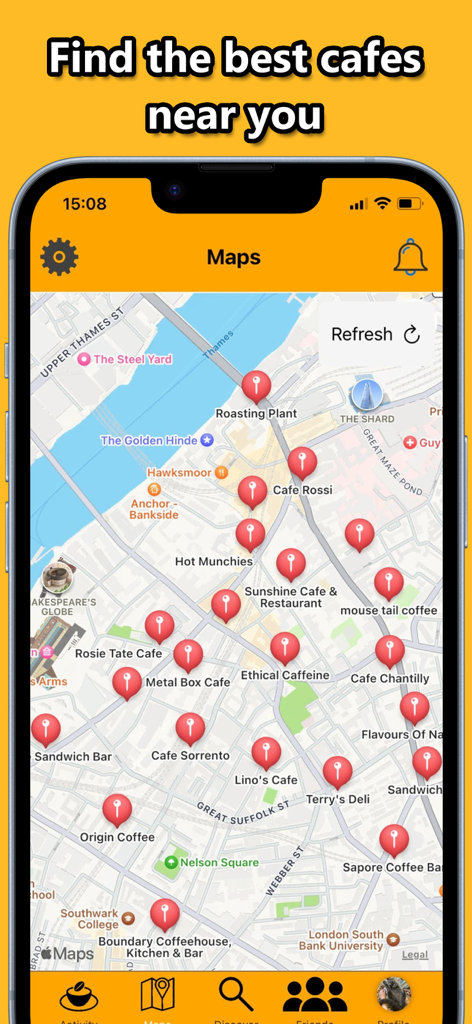 Interface of the Bean app showing a map with pins for local coffee shops and cafes