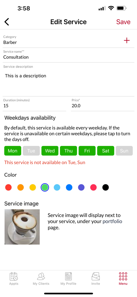 Ring My Barber: Booking App - Interface for barbers to set service details including price duration and weekly availability