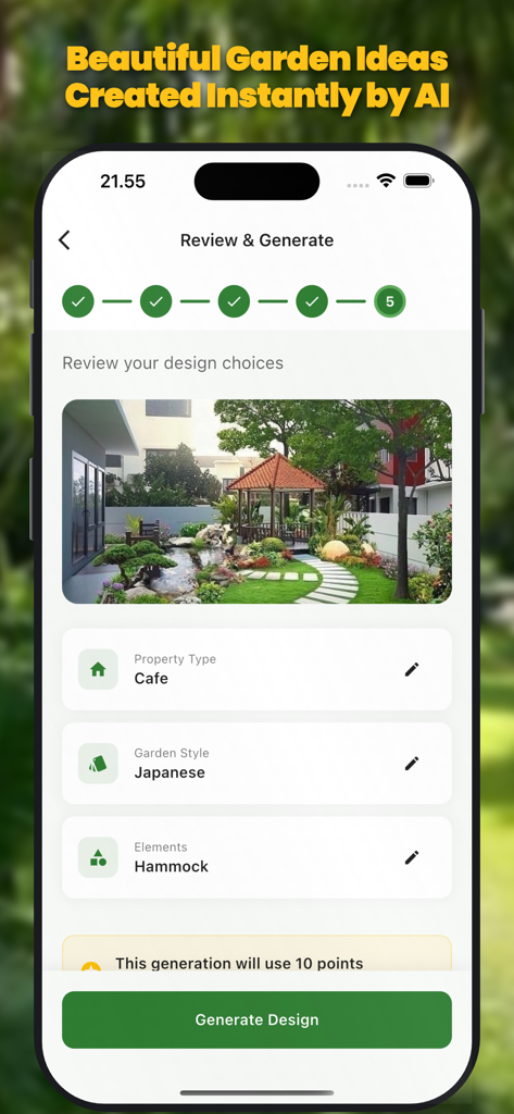 AI Garden Design landscape - Mobile app interface displaying a Japanese style garden design review with a pond and gazebo