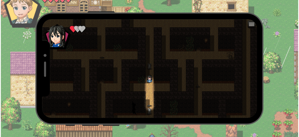 Un personaje estilo pixel art 2D navegando un nivel de laberinto oscuro en el RPG bíblico Didactic Jesus Game