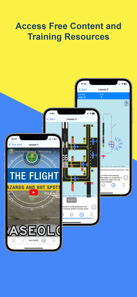Three phone screens showing aviation training lessons and flight pattern diagrams in the ARSim app