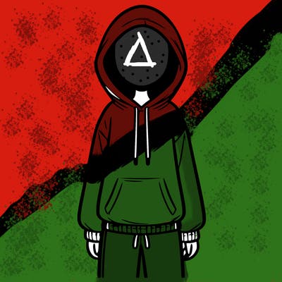 faceless girl in a tracksuit with a hood on and no hair