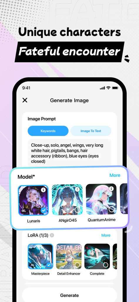 A mobile interface for generating anime character images using text prompts and AI models in the MiraiMind app.