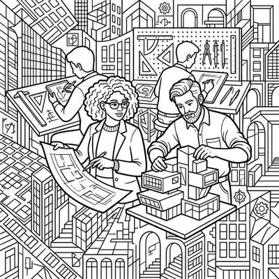 Step into the dynamic world of architectural design with this engaging coloring page. Featuring skilled architects at work amidst a cityscape, it offers a unique blend of creativity and detailed imagery.
