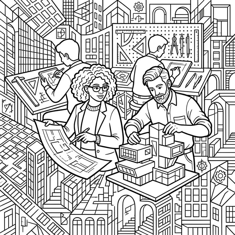 Step into the dynamic world of architectural design with this engaging coloring page. Featuring skilled architects at work amidst a cityscape, it offers a unique blend of creativity and detailed imagery.