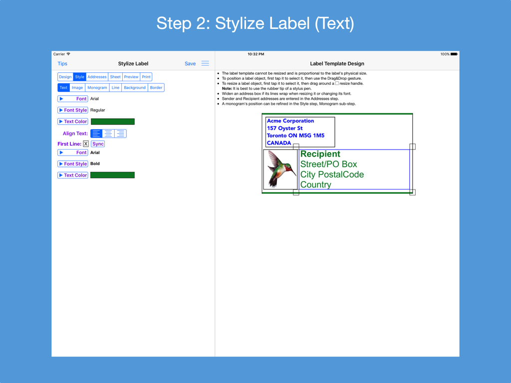 iPad screenshot showing Step 2 of the Address Label Creator app for stylizing label text with a preview