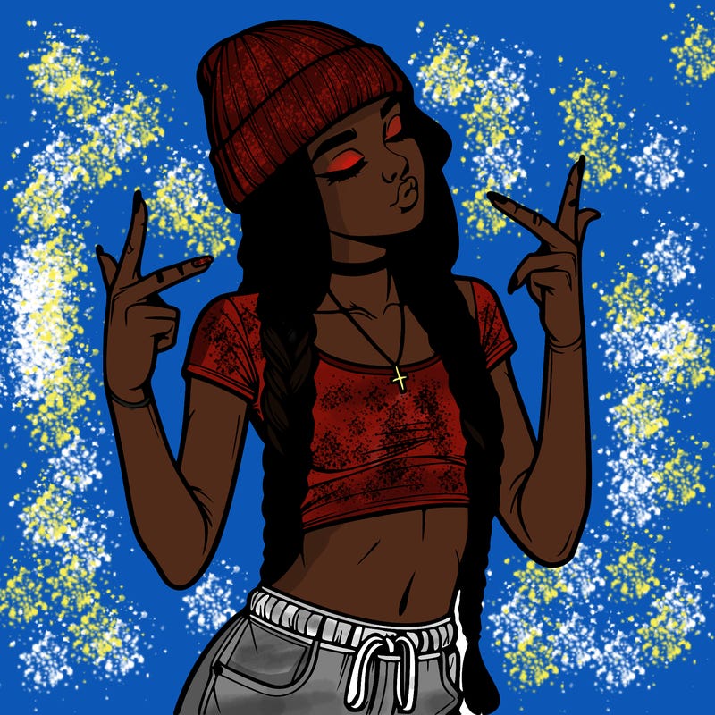 realistic teenage girl with braids and a beanie and crop top doing 🫶🏼