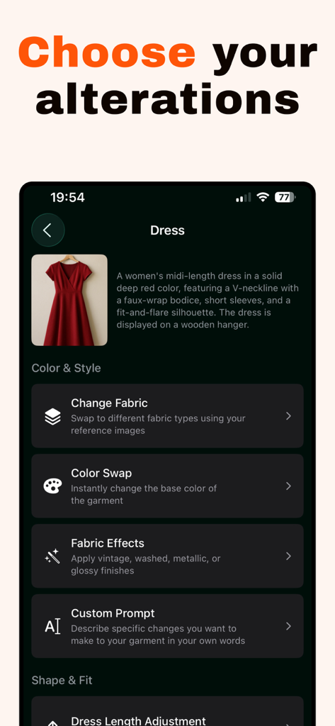 Interface of the Fashion Tailor app showing garment alteration options like color swap and fabric change