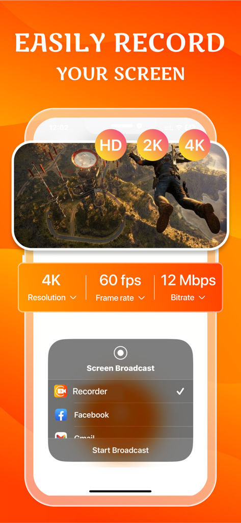 Screen Recorder for iPhone HD - iPhone Screen Recorder App-Oberfläche zeigt 4K 60fps Gameplay-Aufnahme und Broadcast-Optionen