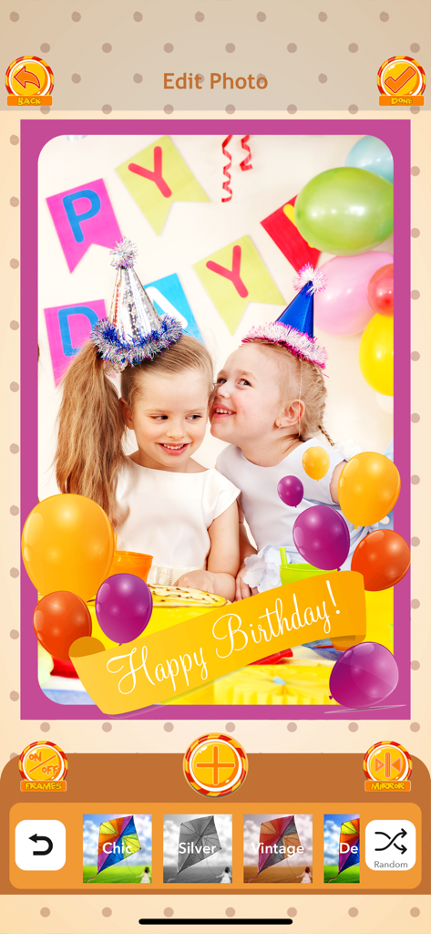Happy Birthday Photo Editor - Interface of Happy Birthday Photo Editor app showing two girls in birthday hats with balloons and a Happy Birthday banner.