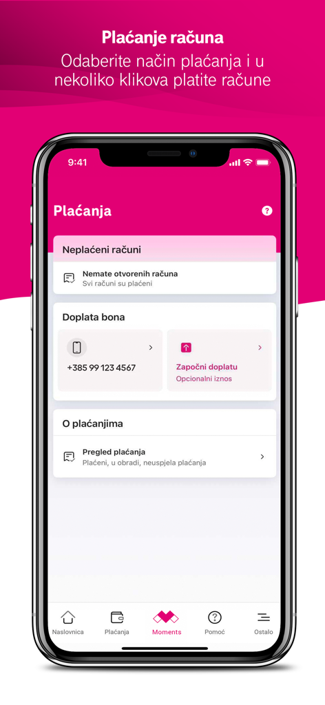 Moj Telekom HR - Moj Telekom HR Mobile App Bildschirm zur Verwaltung unbezahlter Rechnungen und Gutschein-Aufladungen