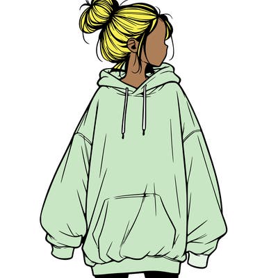 realistic girl with a oversized sweatshirt on and a bun
