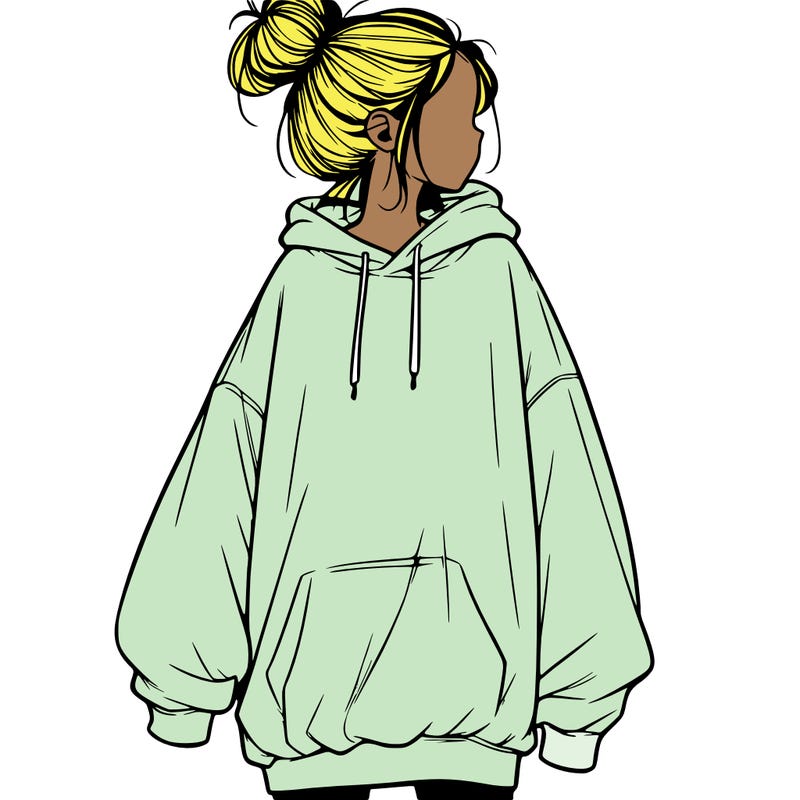 realistic girl with a oversized sweatshirt on and a bun