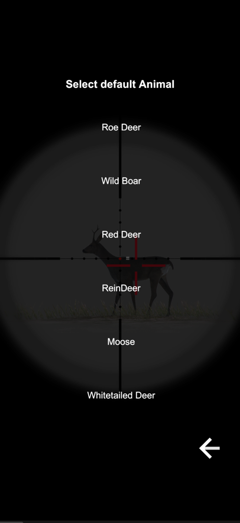 NorneHunt - Pantalla de selección en la aplicación NorneHunt para elegir un animal de caza predeterminado como ciervo, alce o jabalí
