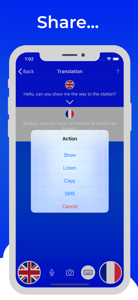 Menú de acciones con opciones para mostrar escuchar copiar y enviar por SMS una frase traducida en la aplicación Traducción y Traductor