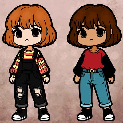 girl with short hair, bangs off to the side, ripped jeans, and a short sleeved shirt with a long sleeved shirt underneath it