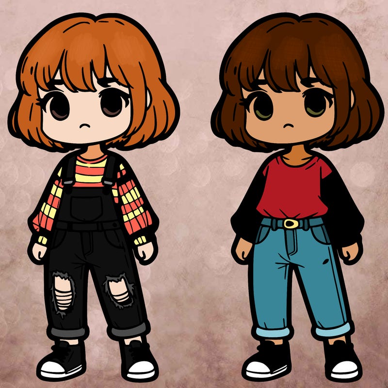 girl with short hair, bangs off to the side, ripped jeans, and a short sleeved shirt with a long sleeved shirt underneath it