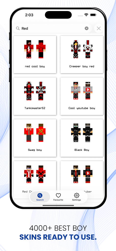 Interface de l'application mobile montrant une galerie de skins de garçons pour Minecraft PE avec un résultat de recherche pour des avatars sur le thème du rouge