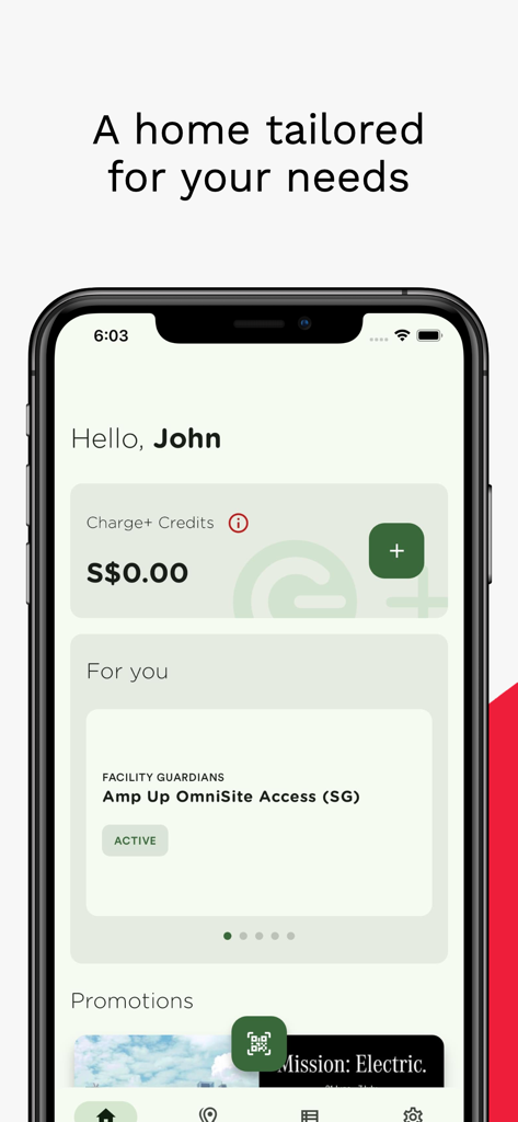 CHARGE+ - The home screen of the CHARGE plus app featuring credit balance and charging site access