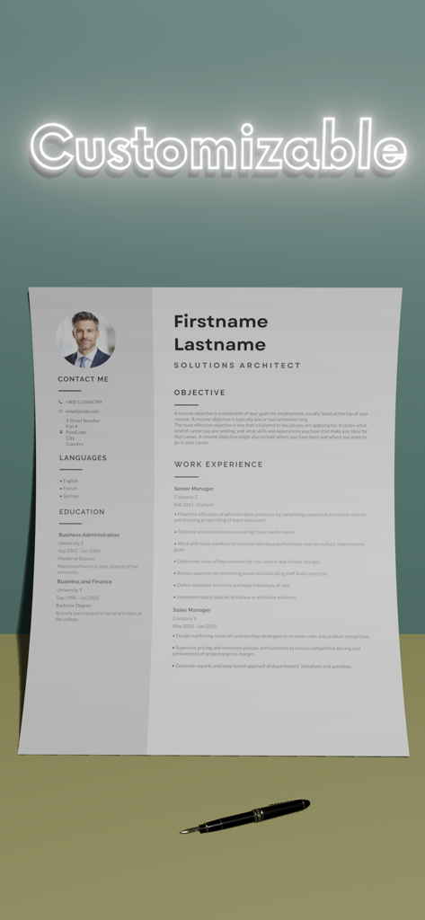 Professional Resume Builder - A customizable professional resume template from the Resume Builder app displaying sections for objective work experience and personal details