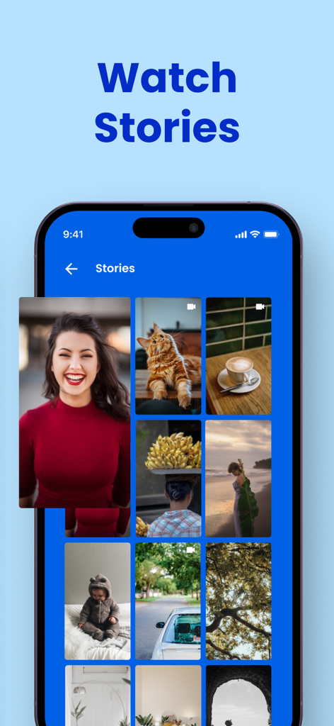 Unfollowers Unfollow Tracker - Interfaz de la aplicación Unfollowers que muestra la función Ver Historias con una cuadrícula de vistas previas de imágenes y videos