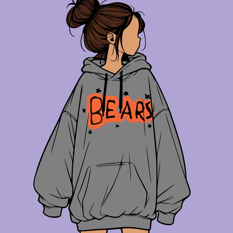 realistic girl with a oversized sweatshirt on and a bun