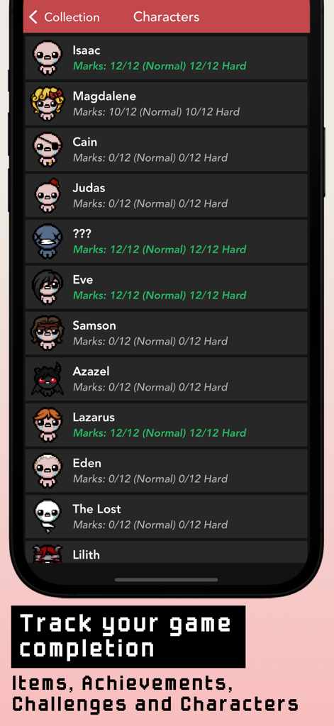 Guide+ for Binding of Isaac - A character list screen in the Binding of Isaac guide showing completion marks for each character