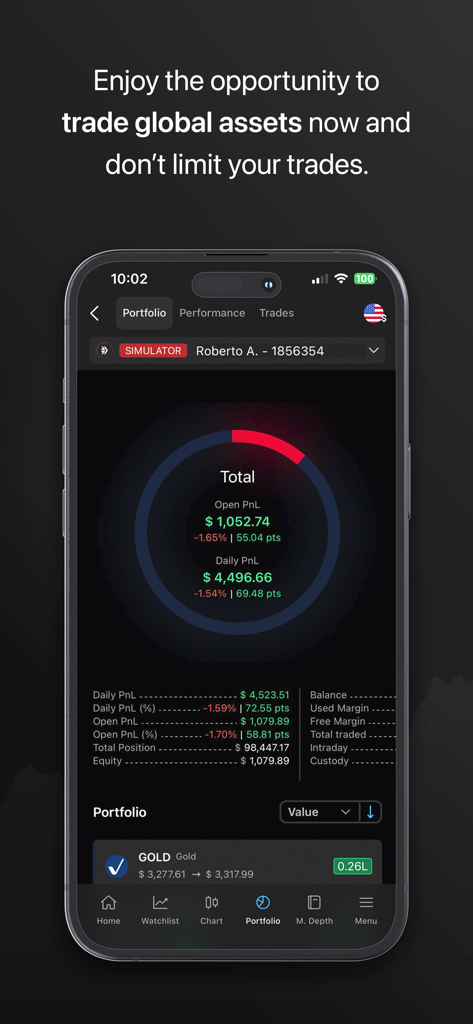 BlackArrow app portfolio screen displaying real-time PnL metrics and a circular asset distribution chart.