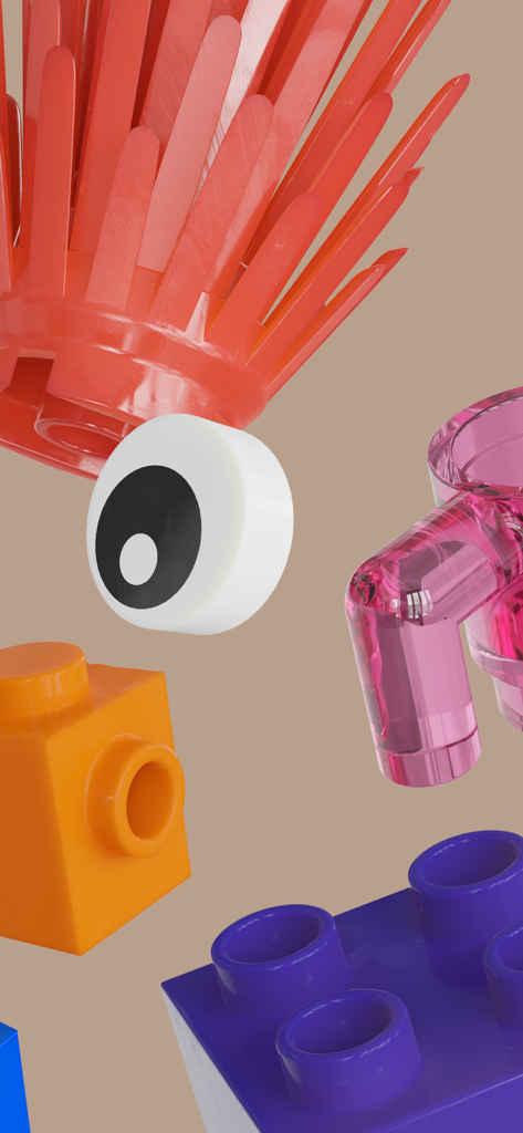 Brickit App - Mattoncini colorati e pezzi di giocattoli che fluttuano su uno sfondo neutro