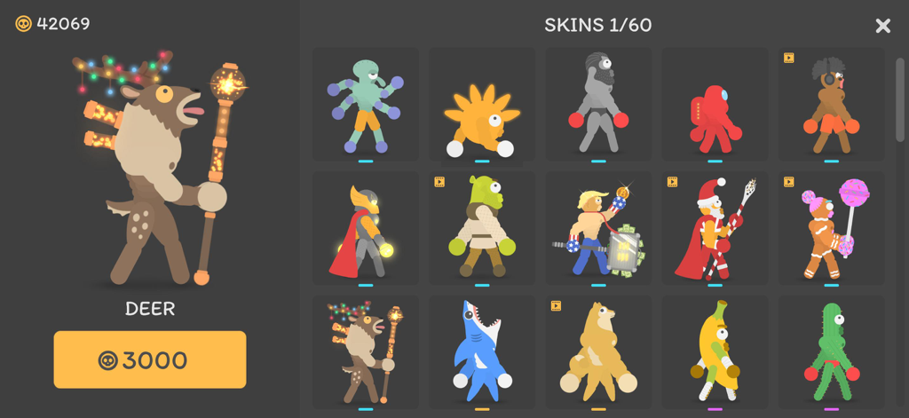 Uma tela de personalização de personagem em Ragdoll Hit mostrando uma variedade de skins de stickman desbloqueáveis, como veado, banana e tubarão.