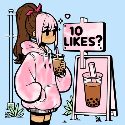 girl with oversized hoodie drinking boba and she has a high ponytail with a sign that says 10likes?