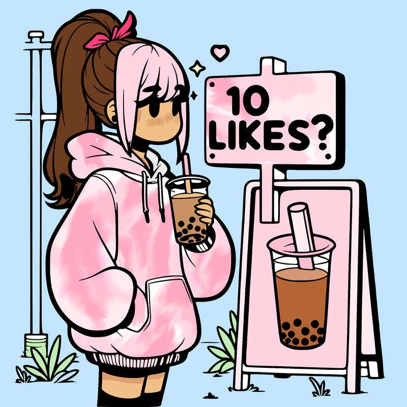 girl with oversized hoodie drinking boba and she has a high ponytail with a sign that says 10likes?
