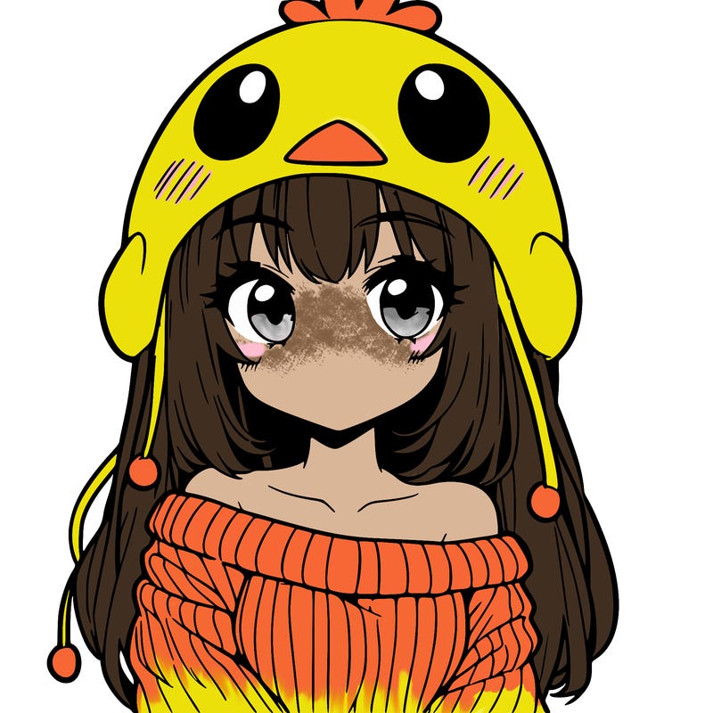 anime girl with chick shaped hat with sweater with bare shoulders with bangs covering them one eye with low tail