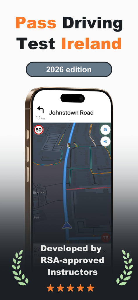 iPhone displaying the Driving Test Routes Ireland app with a GPS navigation map for RSA test route practice