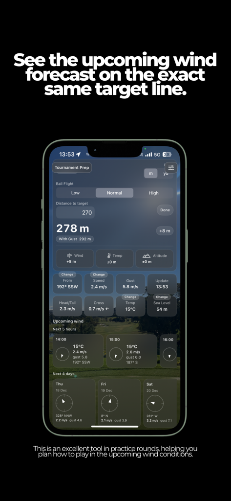 Tour Wind Golf mobile app interface displaying detailed wind forecast and tournament preparation settings on an iPhone